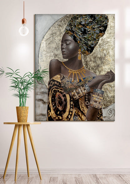Leinwandbild „African Lady“ 120x90 cm – Handgemalt & Gold Akzente | CASA ROMANO